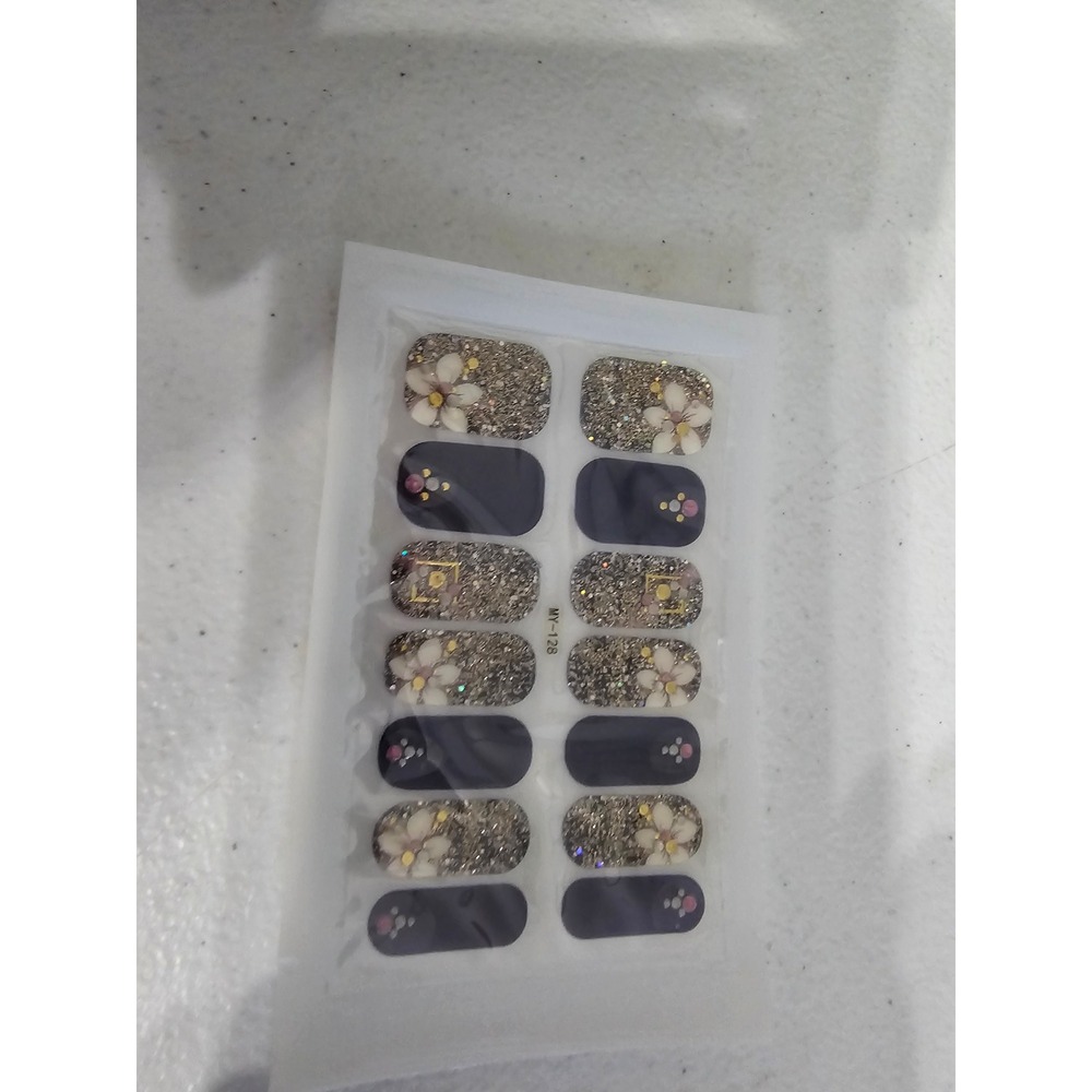 Floral Glitter‎ Toe Nail Wraps Navy Blue Silver Sparkle Pedicure Stickers MY-128